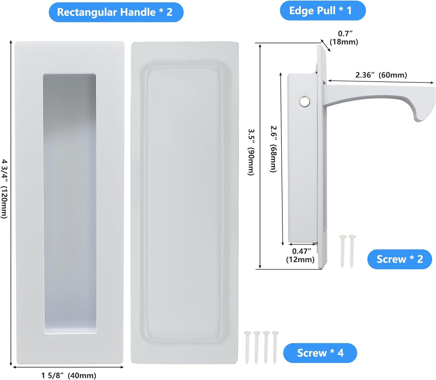 Dontay Sliding Pocket Door Handles, 304 Stainless Steel Non Locking Pocket Door Hardware, Recessed Flush Finger Pulls, Heavy Duty Edge Pull (4 Set, White, 4.72 Inch)