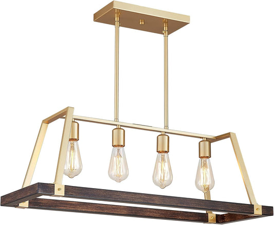 ANJIADENGSHI Painted Wood Color Golden Metal Finish Farmhouse Kitchen Island Pendant Lighting LED Fixture Dining Room Livingroom (Bulbs Not Included)