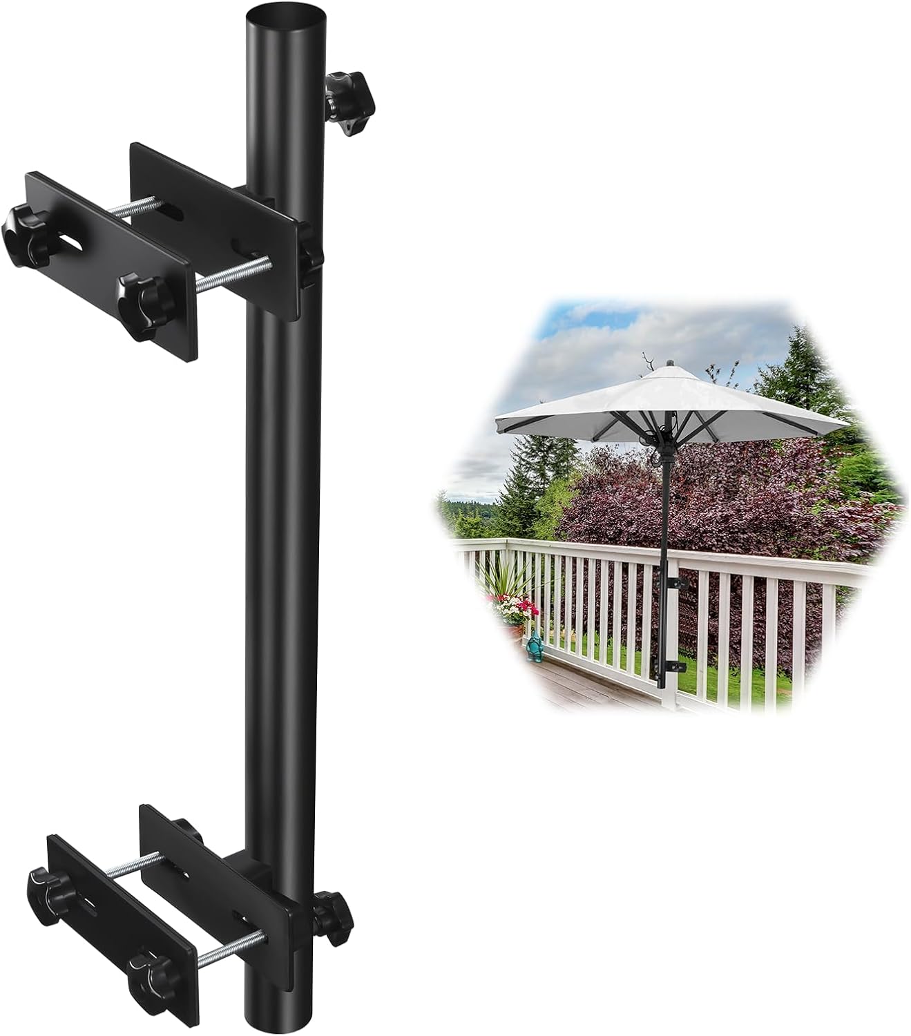 ZZM Patio Umbrella Holder Deck Umbrella Mount, Adjustable Umbrella Bracket Outdoor Attaches to Railing and Flag Pole Fixed Bracket Maximizing Patio