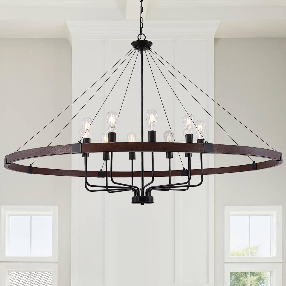 LIZZTREE 10-Light Large Farmhouse Chandelier D59'', Wagon Wheel Chandelier Rustic Country Style Round Pendant Light Fixture for Dining Room, Kitchen