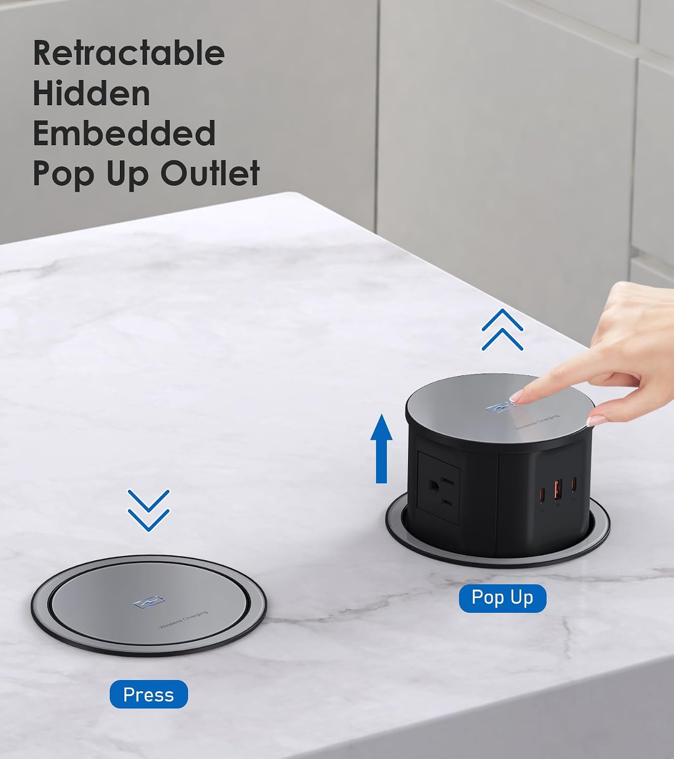 ANNQUAN 4.75" Pop Up Outlet with 65W USB-C,15W Wireless Charger,4 Outlets,3 USB Ports,Pop Up Countertop Receptacle Outlet for Home Office Kitchen Black 12 Amp(Standard)