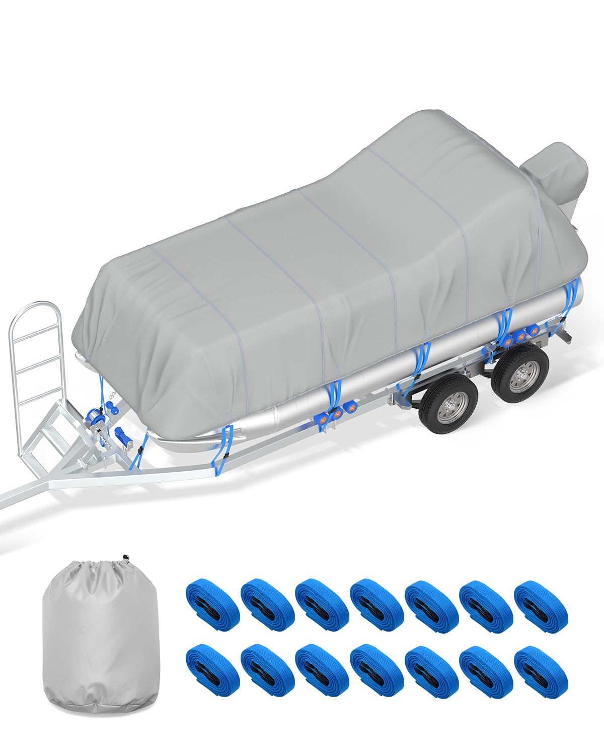 OCEANBROAD 1200D Pontoon Boat Cover Heavy-Duty Waterproof Anti-UV with Bag Gray For 22'-24' Length, Beam Width up to 8.5' / 102''