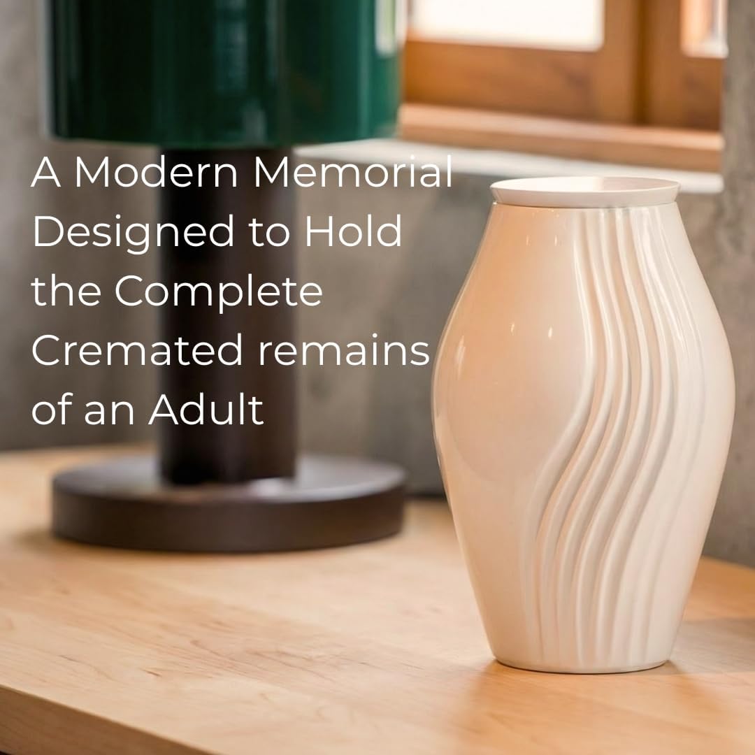 Cremation Urns for Human Ashes Adult – Large Decorative Modern Aluminum Funeral Memorial Urn for Home Display, Warm Ivory Off-White Gloss Finish – GR8 Keepsakes