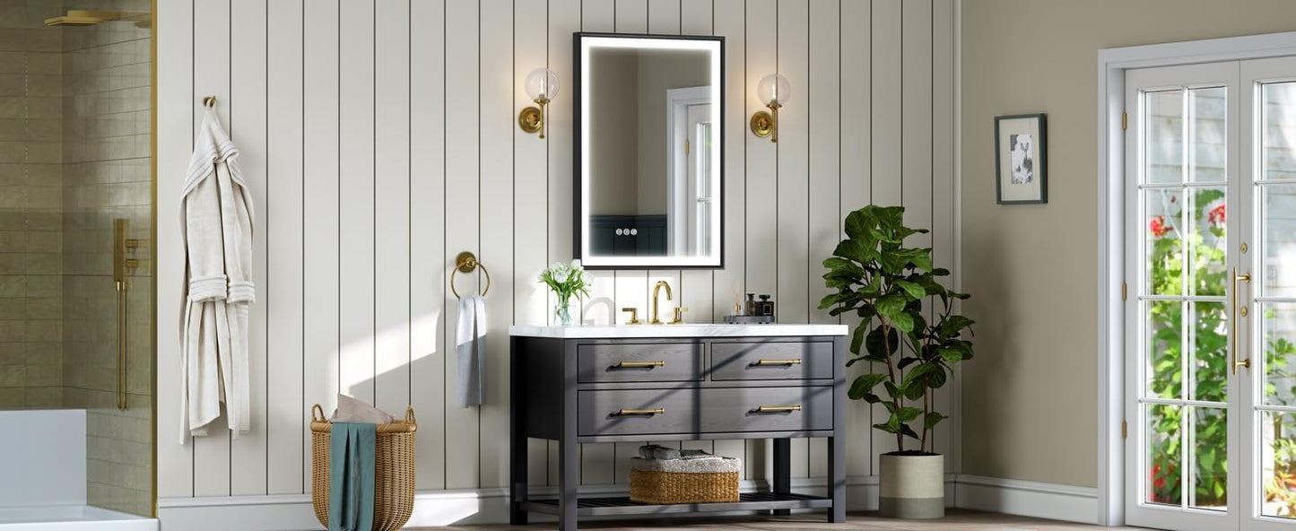 Black Framed Bathroom Mirror with Light, Aluminum, Beveled Vanity Mirror, Front Light, 3 Colors, Dimmable, Anti-Fog, Shatter-Proof Tempered Glass, E