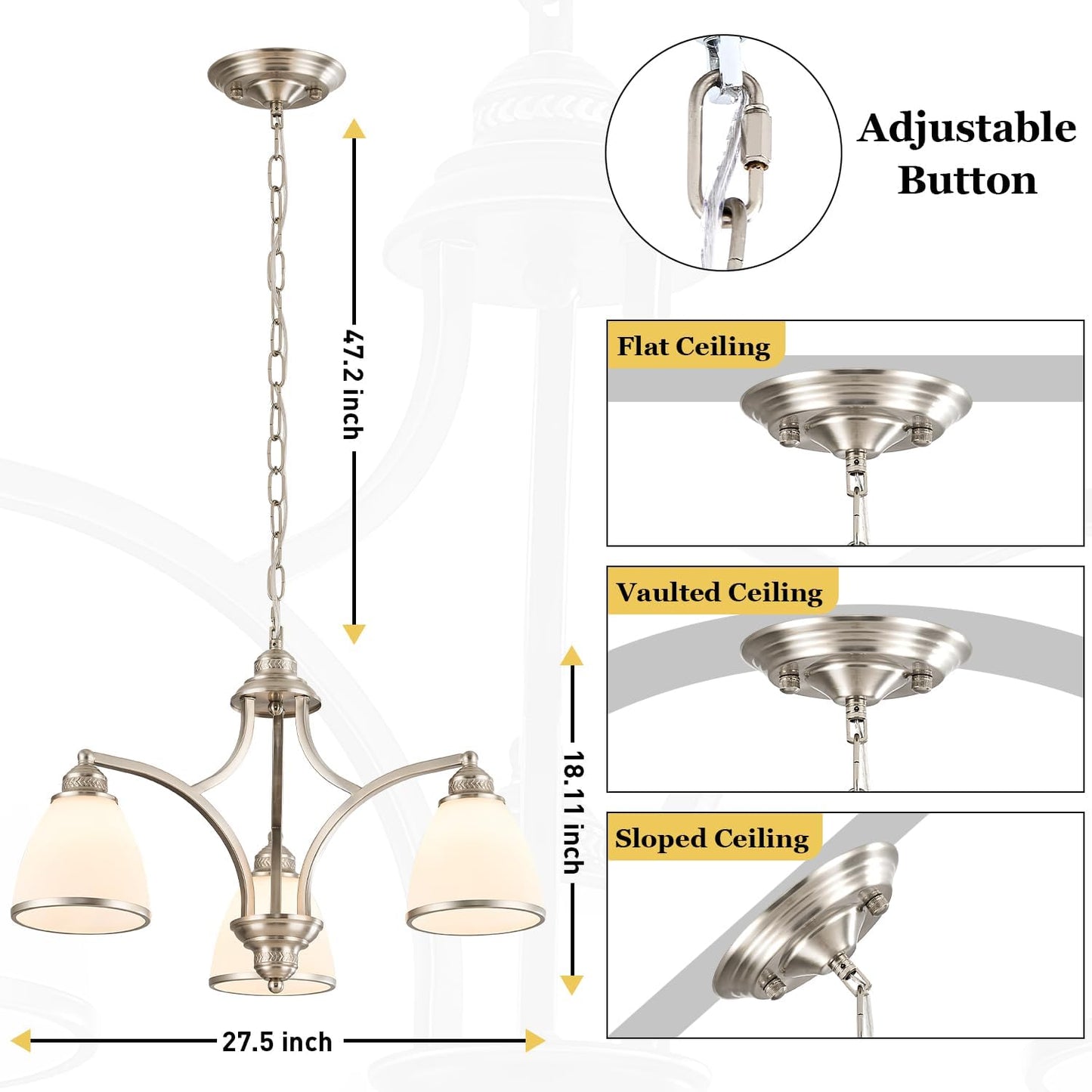 Brushed Nickel 3-Light Kitchen Island Light Fixture with Milk White Frosted Glass Shade for Dining Room Adjustable Height Silver Ceiling Hanging Light for Kitchen,Entry,Dining Table,Foyer silver-a small