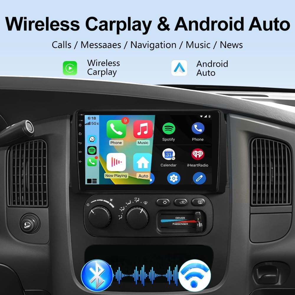 AWESAFE 4Core 64GB Car Radio Stereo for Dodge RAM 1500 2500 2002 2003 2004 2005, 9 Inch Touch Screen with Wireless CarPlay Andriod Auto 5G WiFi 2GB+64GB