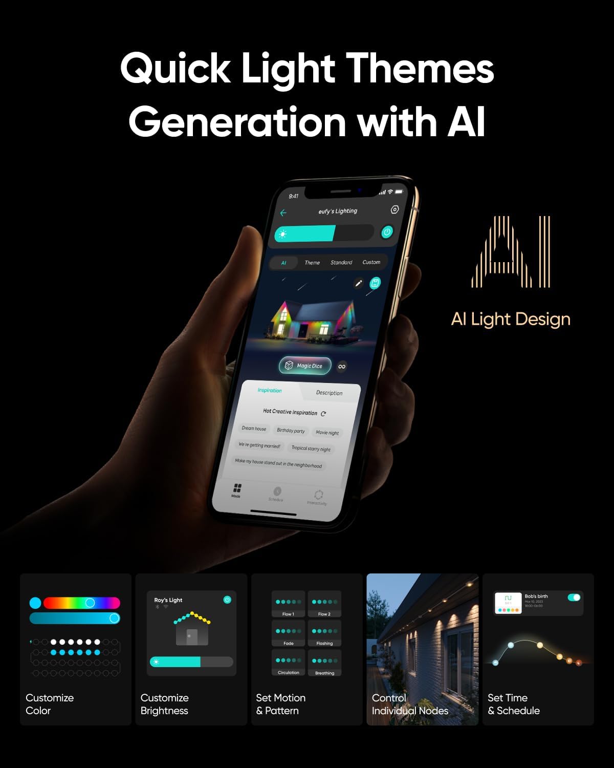 eufy Permanent Outdoor Lights E120, 50ft with 30 Dual-LED RGB and Warm White Eave Lights, IP67 Waterproof, App Control, AI Light Design, Endless Themes for Eas