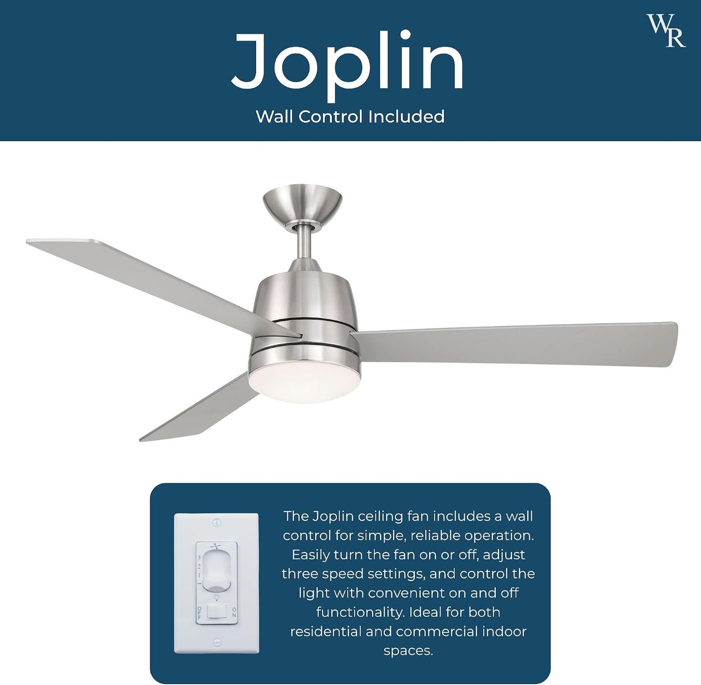 Wind River WR1520N Joplin 52 Inch Indoor Ceiling Fan | 1007 Lumens Integrated LED 3000K | Satin Nickel Finish with Silver Blades | Dual Wall Control | 3 Speed AC Motor | Manual Reverse