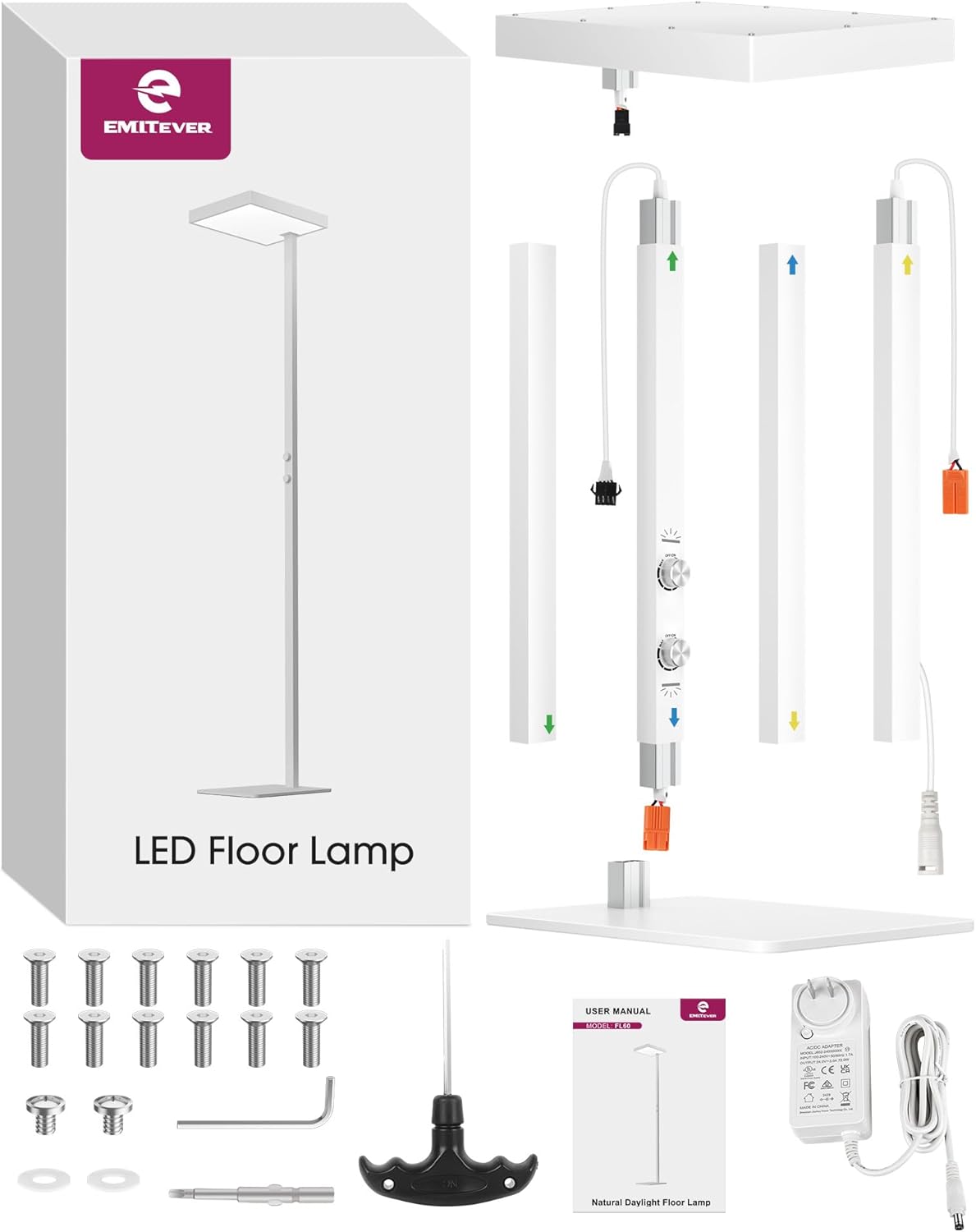 LED Floor Lamp, 60W Full-Spectrum Eye-Care Standing Light, 72.8' Adjustable Height Pole Lamp for Living Room, Study, Dental Office and Meeting Li