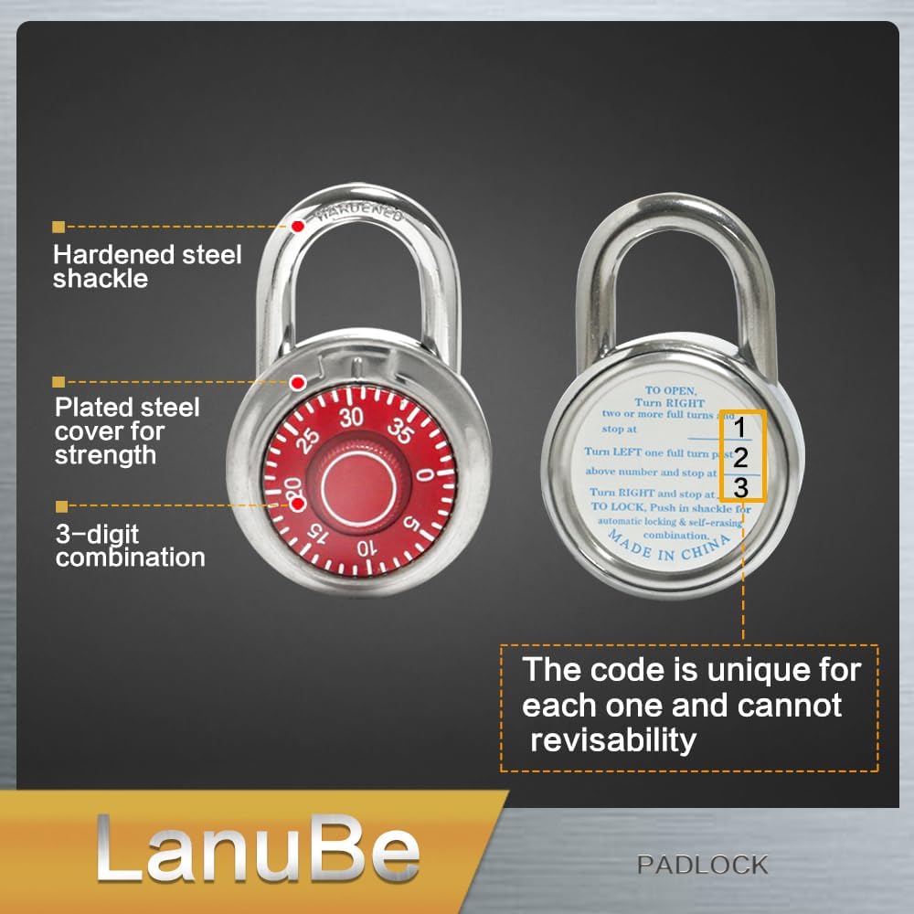 LanuBe Standard Dial Combination Lock, 2 in. Wide, with Different Combinations, Red Turnplate, Pack of 60; Lock for School, Employee, Gym Sports