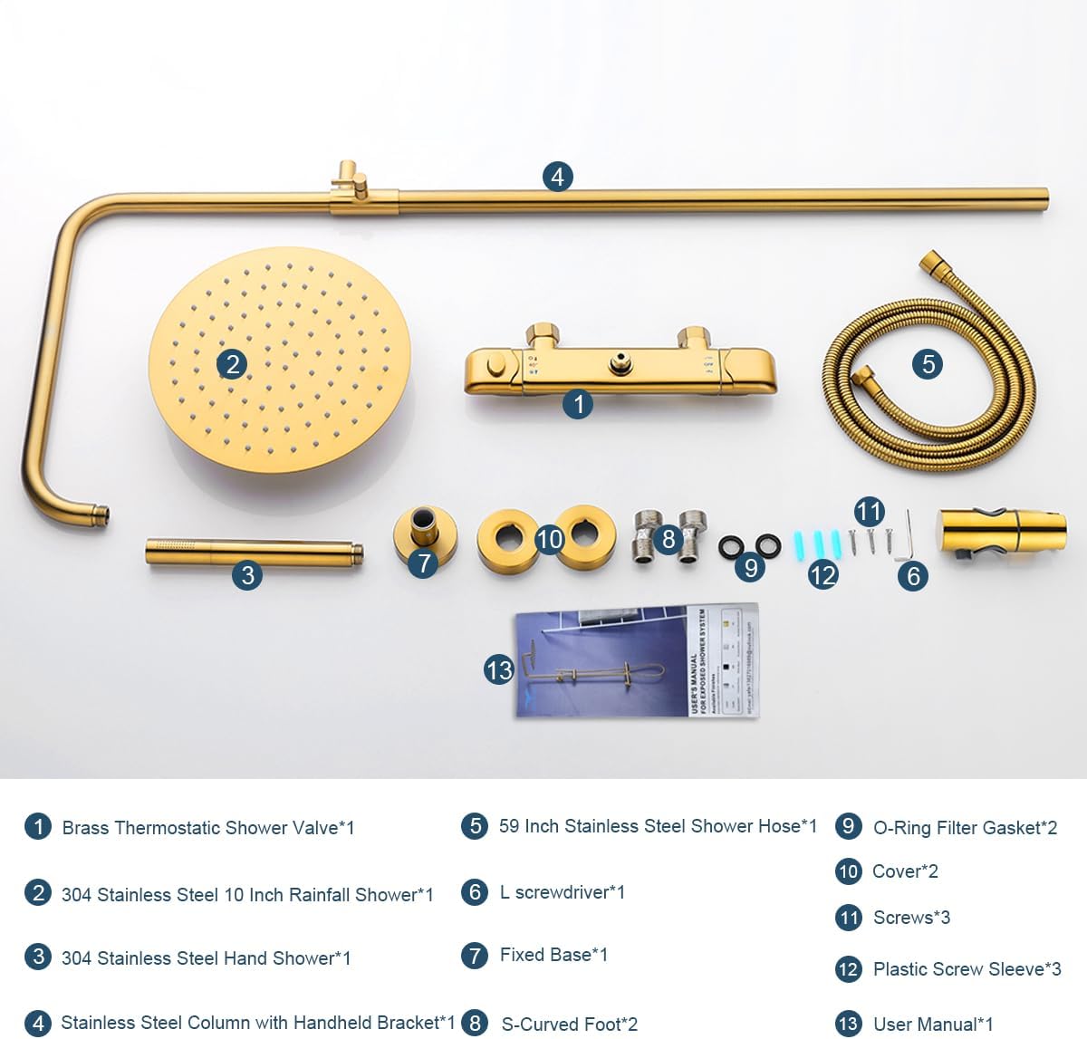 QISHENG Thermostatic Exposed Gold Shower System Wall-mounted Exposed Shower System Exposed Shower Faucets Sets