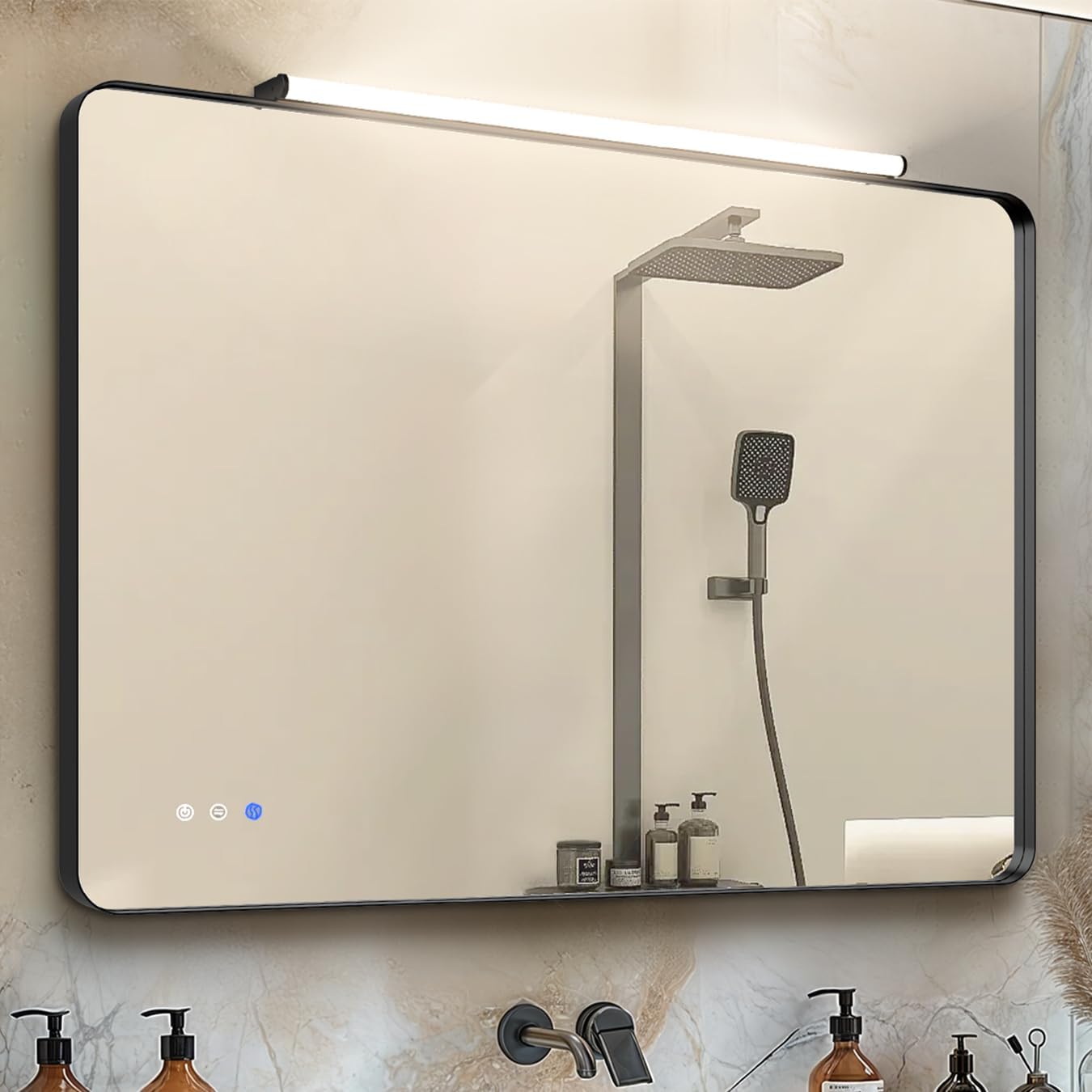 SpeePlant 40x30 Black Bathroom Mirror with Front Lights, Anti-Fog, Dimmable, Wall-Mounted Vanity Mirror with LED Lights, Three Colors,