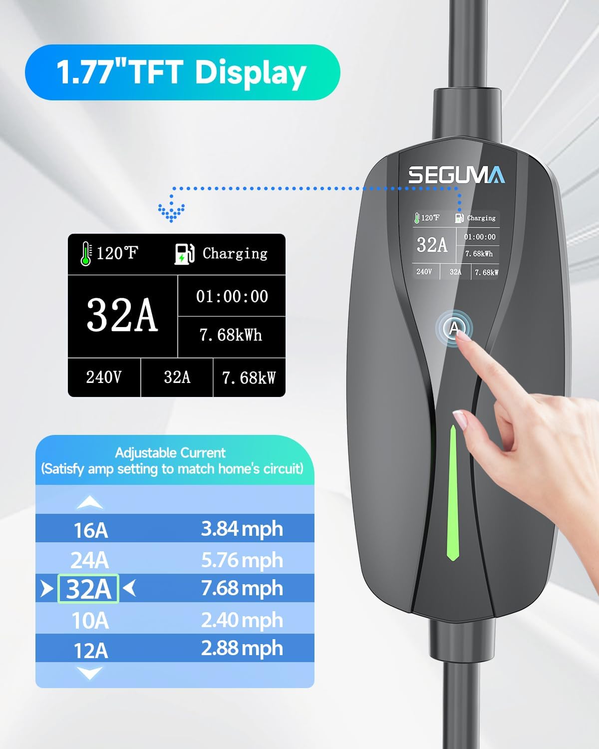 Level 2 EV Charger 32A 240V with NEMA 14-50 Plug, 7.68kW Portable Electric Vehicle Charger with SAE J1772 Connector and 25ft Cable, Adjustable