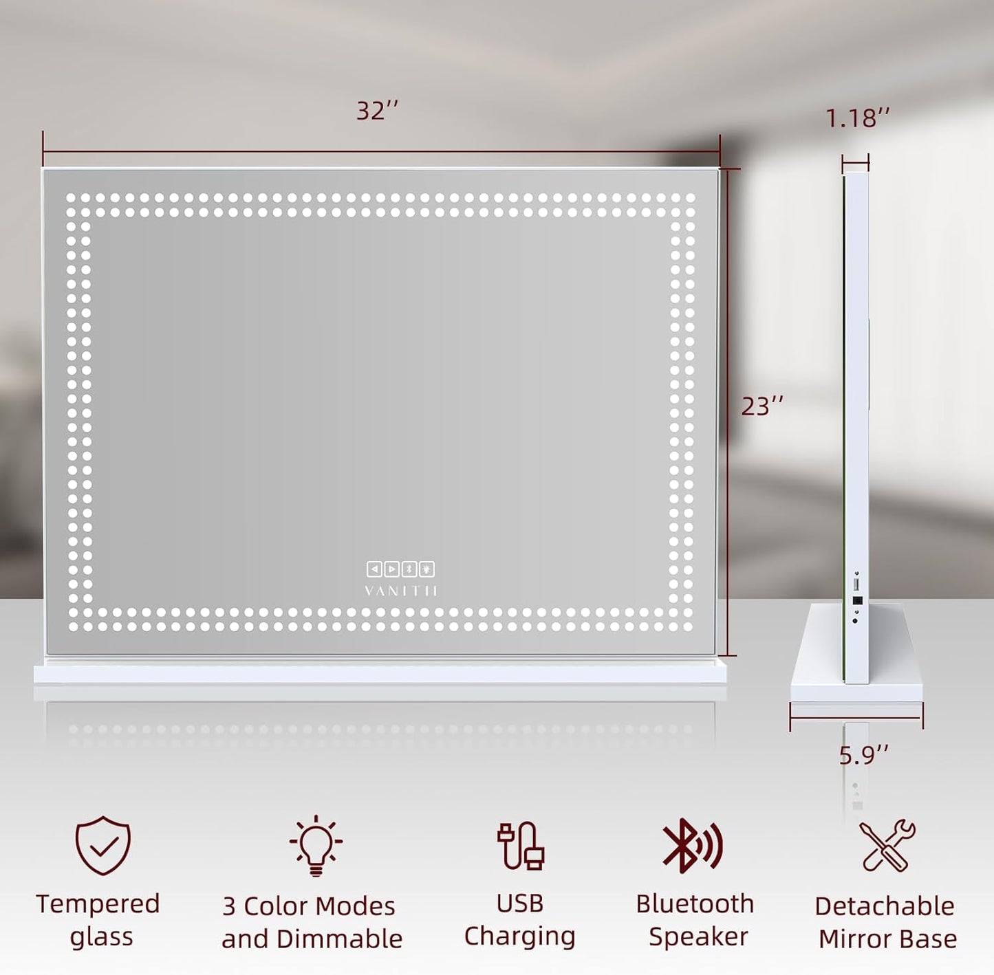 Vanity Mirror with Lights 32'x23' Lighted Makeup Vanity Mirror with Smart Speaker Dimmable 3 Light Modes 10X Magnification Light Up Mirror