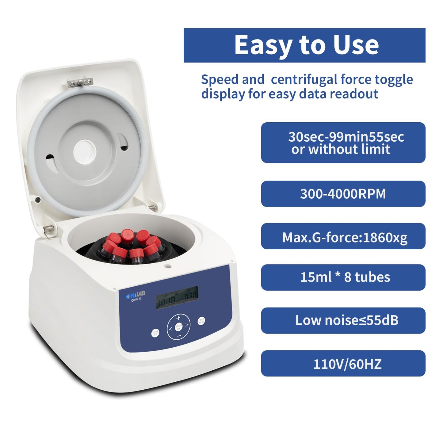 Lab PRP Centrifuge Machine 8x15mL/10mL, 300-4000rpm (Max. 1860xg), Digital Lab PRF Centrifuge Timer 30sec-99min 55sec/Continuous Mode, Noise 55dB.110V