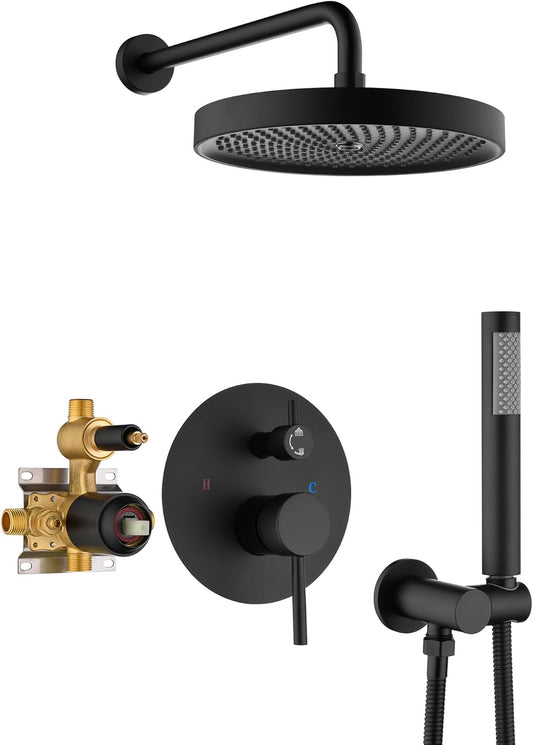 Foroute Black Shower Faucets Sets Complete, Matte Black Shower Fixtures, Shower System with 10 Inch Rainfall Shower Head And High Pressure Handheld,