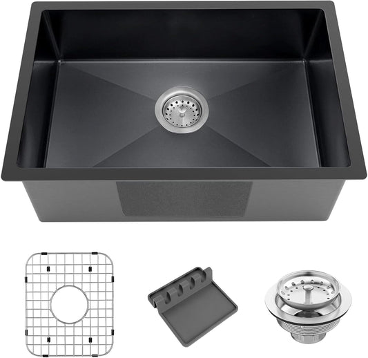 Black Kitchen Sink, Undermount Stainless Steel Bar Sink 27x18x9 Inch Drop In Single Bowl Kitchen Sink With Accessories-Sink Grid,Spoon Rest,Drain