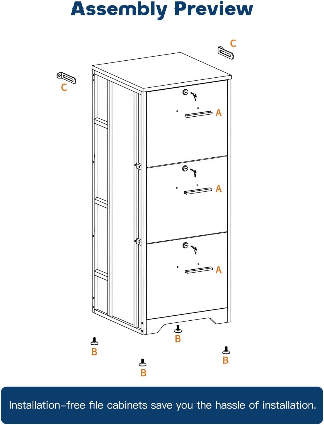 AODK File Cabinet Fully Assembled Filing Cabinet for Home Office, Small File Cabinets with Lock, Office Storage Cabinet 3 Drawer for Legal/Letter/A4