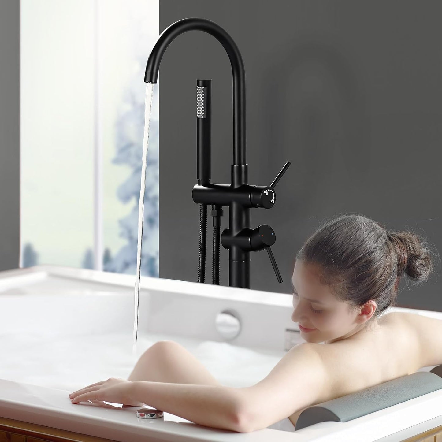 Freestanding Tub Filler Faucet, Floor Mount Matte Black Bathtub Faucet with Single Handheld Shower for Bathroom, Brass Shower Tub Faucet Set