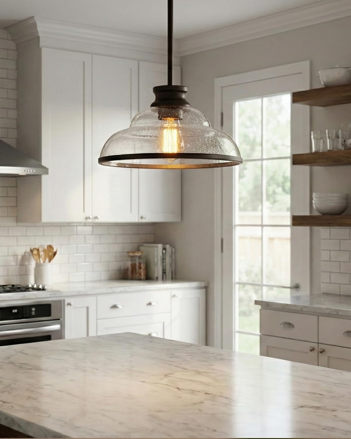 kudos 2 Pack Pendant Lights Kitchen Island, 11" Oil Rubbed Bronze Kitchen Island Lighting with Seeded Glass Shade, Farmhouse Hanging Light Fixture for Kitchen Sink Dining Room Hallways, KDPL14-ORB-2PK