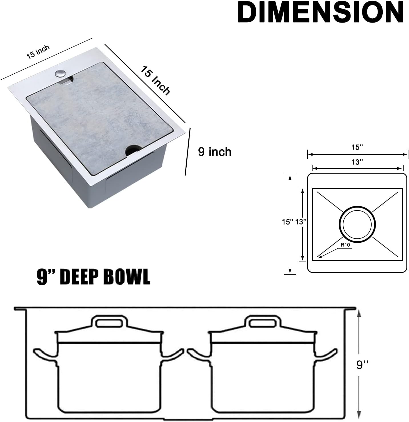 UFaucet 15x15 Drop In Bar Sink Stainless Steel 15 Inch Top Mount Small Kitchen Sink Modern Commercial Handmade Single Bowl T