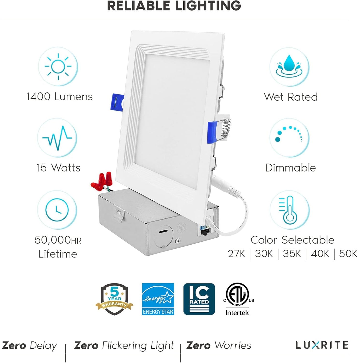 LUXRITE 6 Inch Ultra Thin Square LED Recessed Lighting, 15W, 5CCT Color Selectable 2700K-5000K, 1400 Lumens High Output, Dimmable LED Wafer Lights,