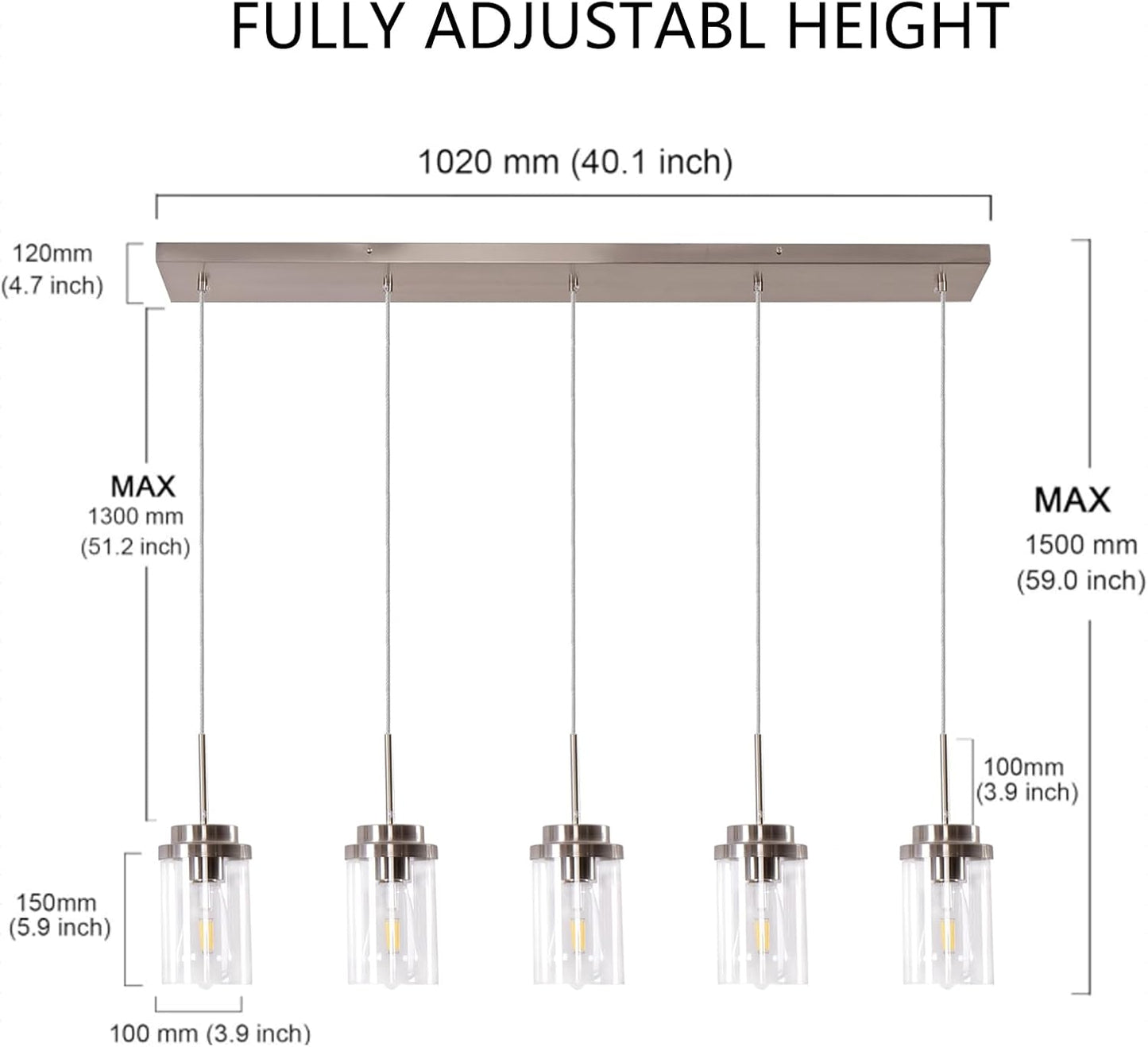 5 Lights Island Lights for Kitchen Modern Industrial Brushed Nickel Linear Chandeliers with Clear Glass Shade for Dining Room Kitchen Lighting