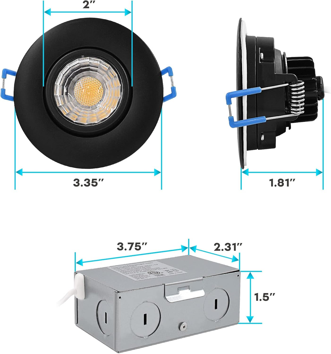 LUXRITE 3 Inch Gimbal LED Recessed Light with Junction Box, 5CCT Color Selectable 2700K-5000K, Dimmable Adjustable Eyeball Swivel Lights, 600 Lumens,