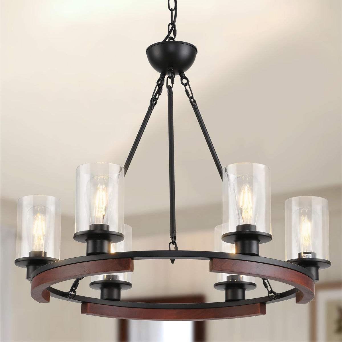 28 Inch Wagon Wheel Chandelier, 6-Light Round Farmhouse Chandeliers Wood Large Dining Room Pendant Light Fixture with