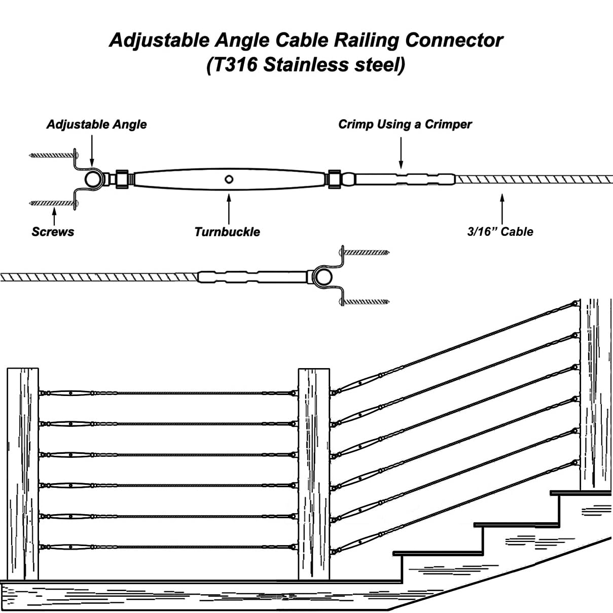 Sowtowe Black Cable Railing Hardware,20 Pairs Black Stainless Steel Cable Railing Kit,for 3/16 Cable Railing System,Adjustable Angle,T316 Marine