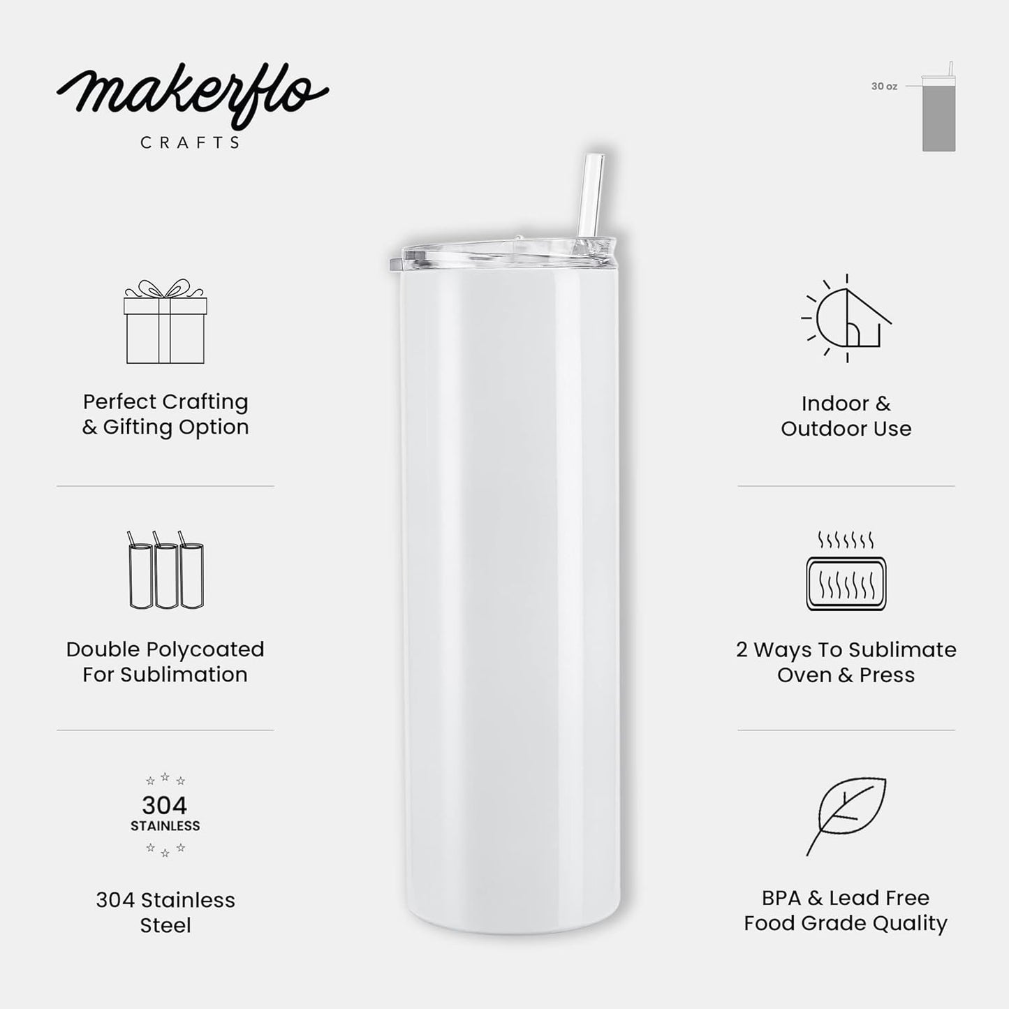 makerflo 25 Pack 30 Oz Skinny Sublimation Blank Tumbler with Splash Proof Lid & Straw, DIY Gifts