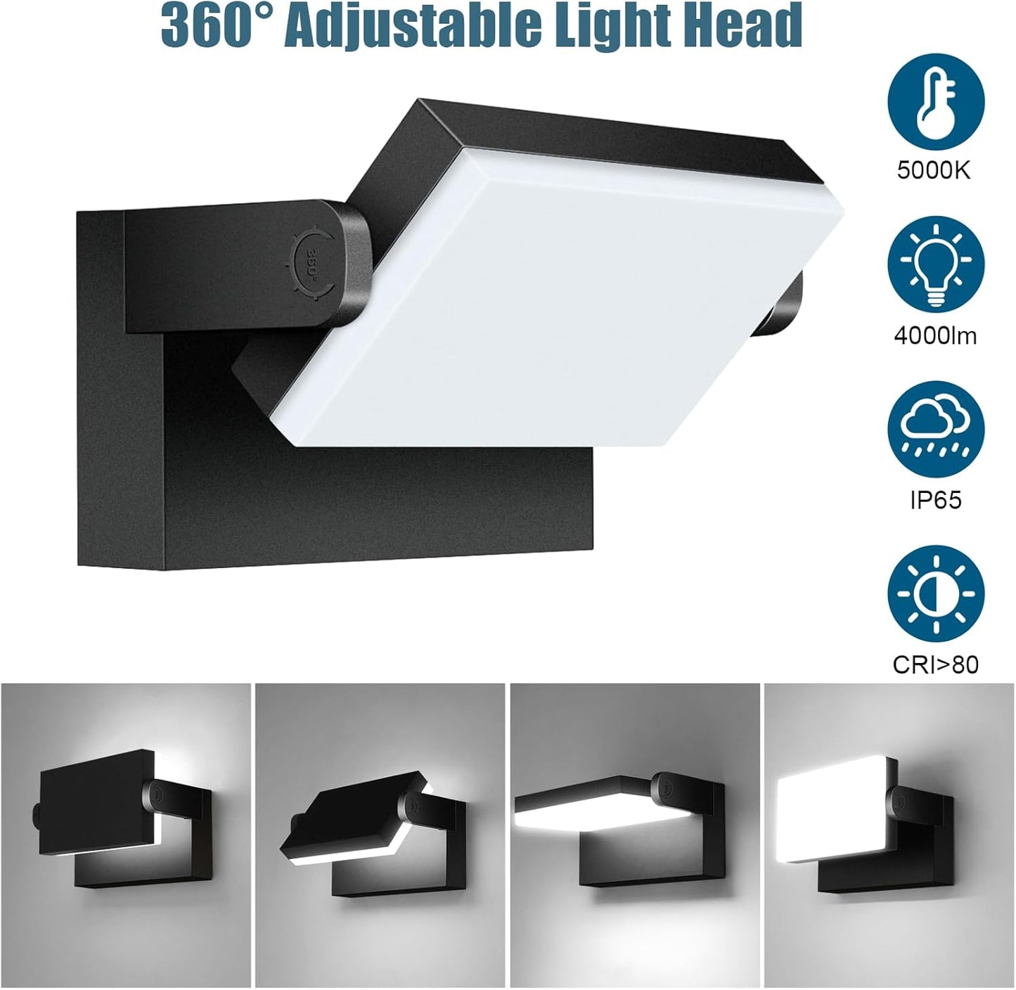 40W LED Wall Light, 4000LM 5000K 360 Wide-Angle Exterior Wall Floodlights, IP66 Waterproof Commercial Outdoor Wall Mount Fixture Wall Pack Security