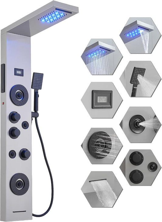 Shower Panel LED Rainfall Waterfall Light Bathroom Shower Panel Tower System, Rain Massage 6-Functions