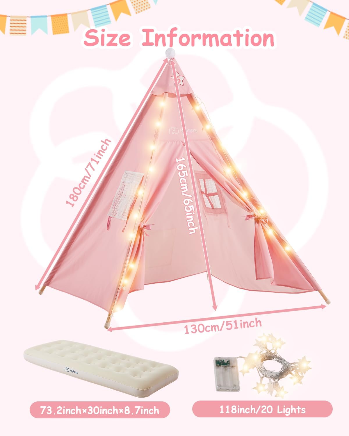 6 Pack Teepee Tent for Kids Slumber Party Sleepover Tents for Girls Party with Inflatable Airbed String Light Pump Supplies Age 6 7 8 9 10 11 12+