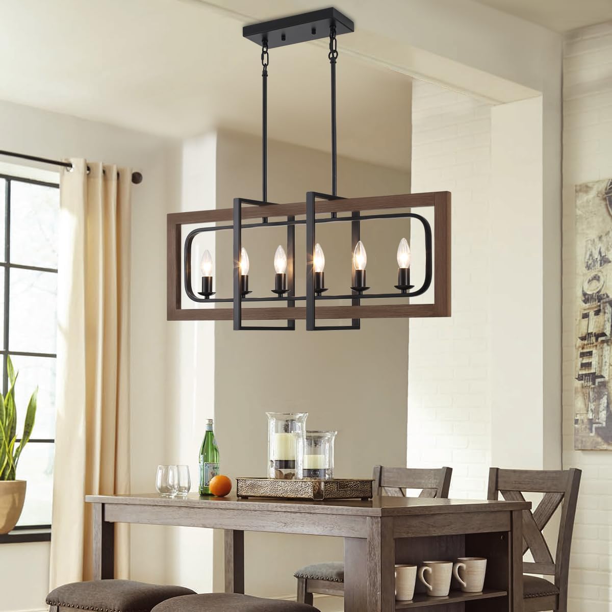 6 Lights Farmhouse Dining Room Light Fixtures Over Table,Rectangle Wood Chandelier, Chandelier for Dining Room,A