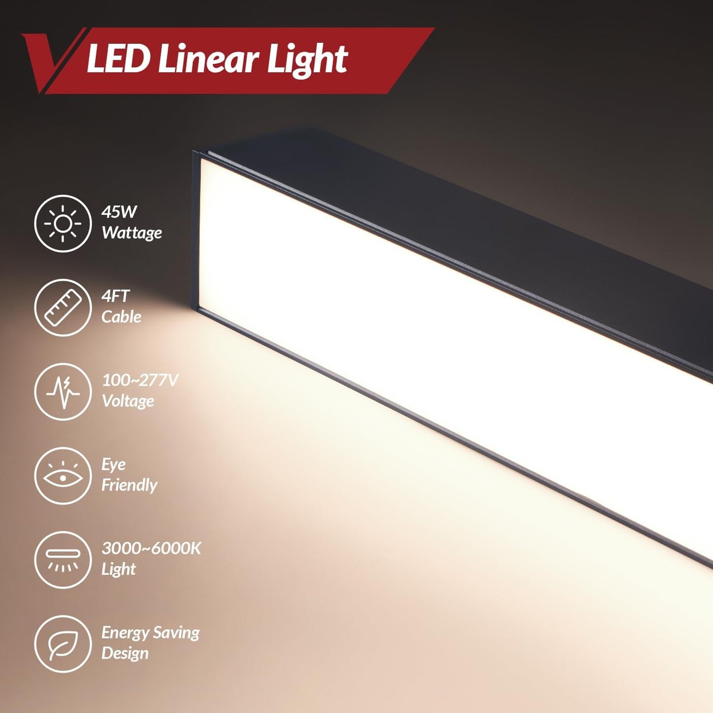 VShape LED Linear Light Fixture with Remote Control 4 Packs, Seamless Connection 4FT Linear Pendant Light Strip, 3000K to 6000K CCT Selectable,