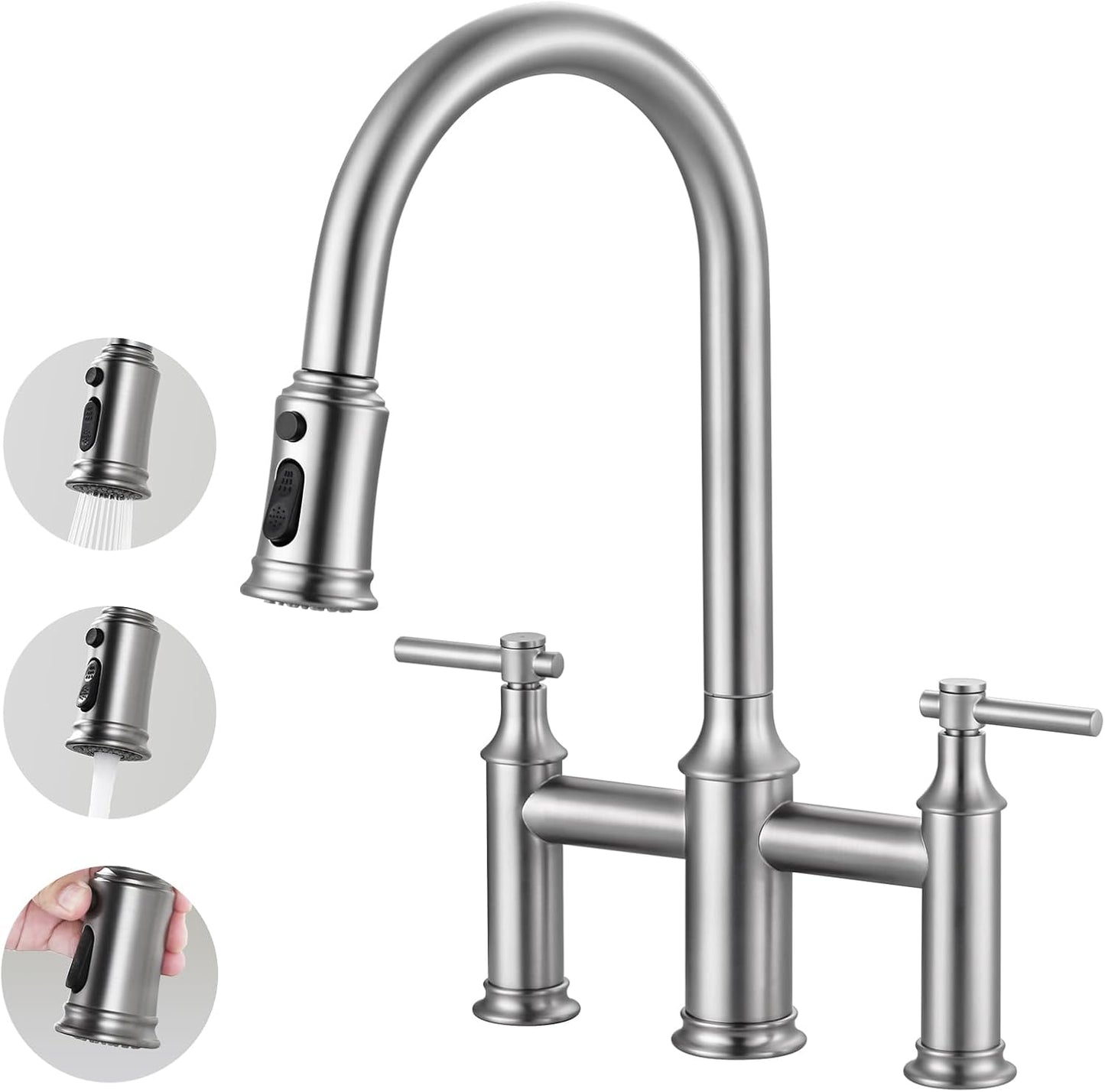 Brushed Nickel Bridge Kitchen Faucet: 3 Holes Kitchen Faucet with Pull Down Sprayer - Two Handles 8 Inch Centerset Kitchen Sink F