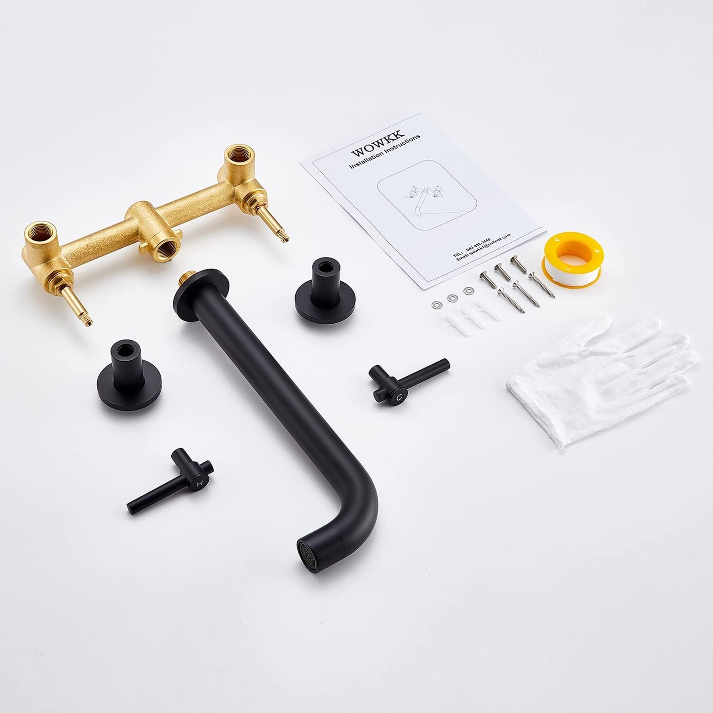 Wowkk Tub Filler Wall Mount Tub Faucet Black Brass Bathroom Bathtub Faucets with 2 Handles (Black)