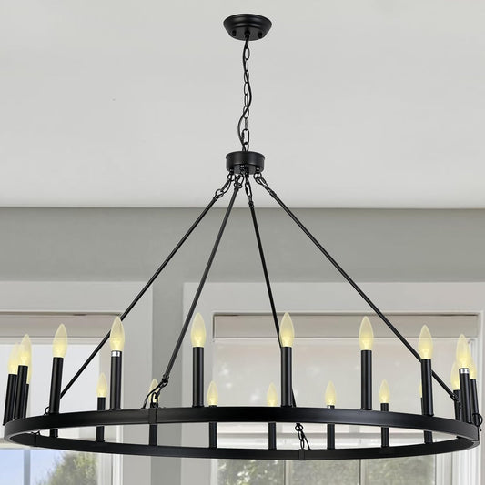 Black Wagon Wheel Chandelier 20 Lights 47.2 Inch, Farmhouse Chandelier with E12 Base, Black Industrial High Ceiling
(Some candlesticks may lean due