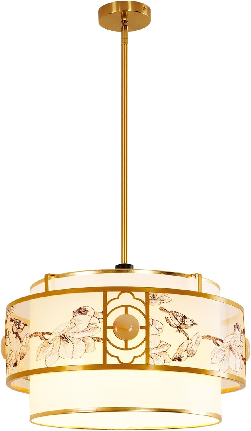 Modern Classic - Drum-Shaped Chandelier, 19.6-inch Round cage-Style lamp, with White and Gold finishes.