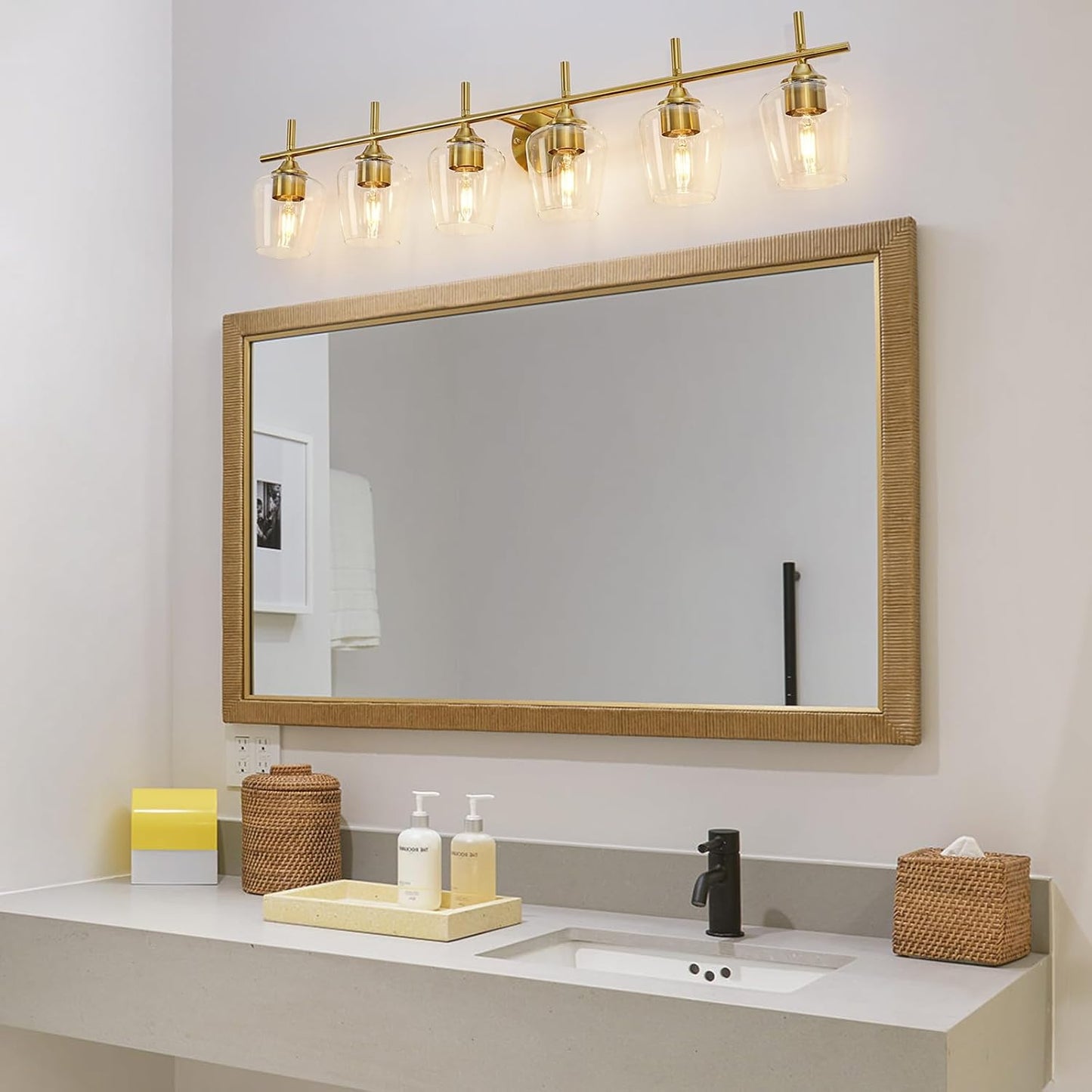 Bathroom Light Fixtures 6 Light Gold Vanity Light with Clear Glass Shade, Brushed Brass Bathroom Lighting Over Mirror,