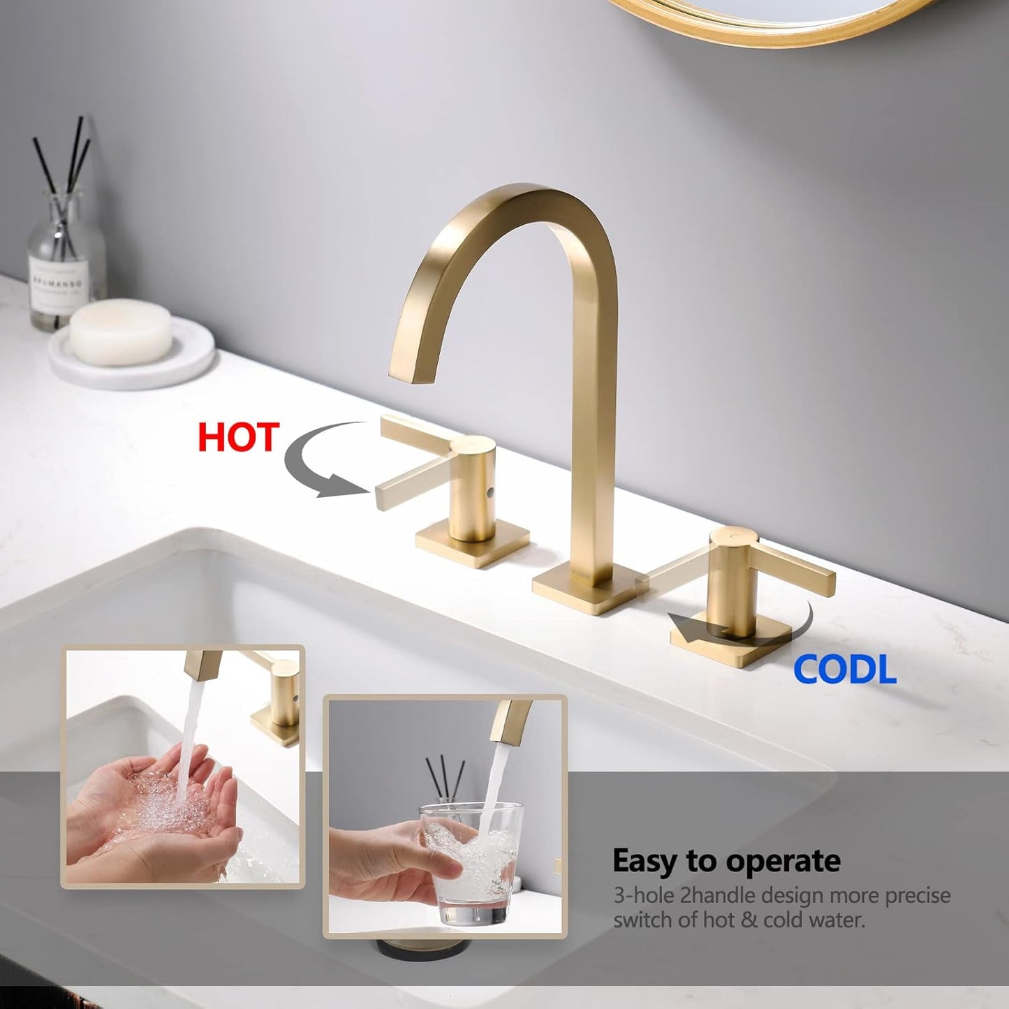 indare Brushed Gold Bathroom Faucet, 8 Inch Brass Widespread Bathroom Sink Faucet 3 Holes, Two Handles Bathroom Sink Faucet with Pop-Up Drain & Supp