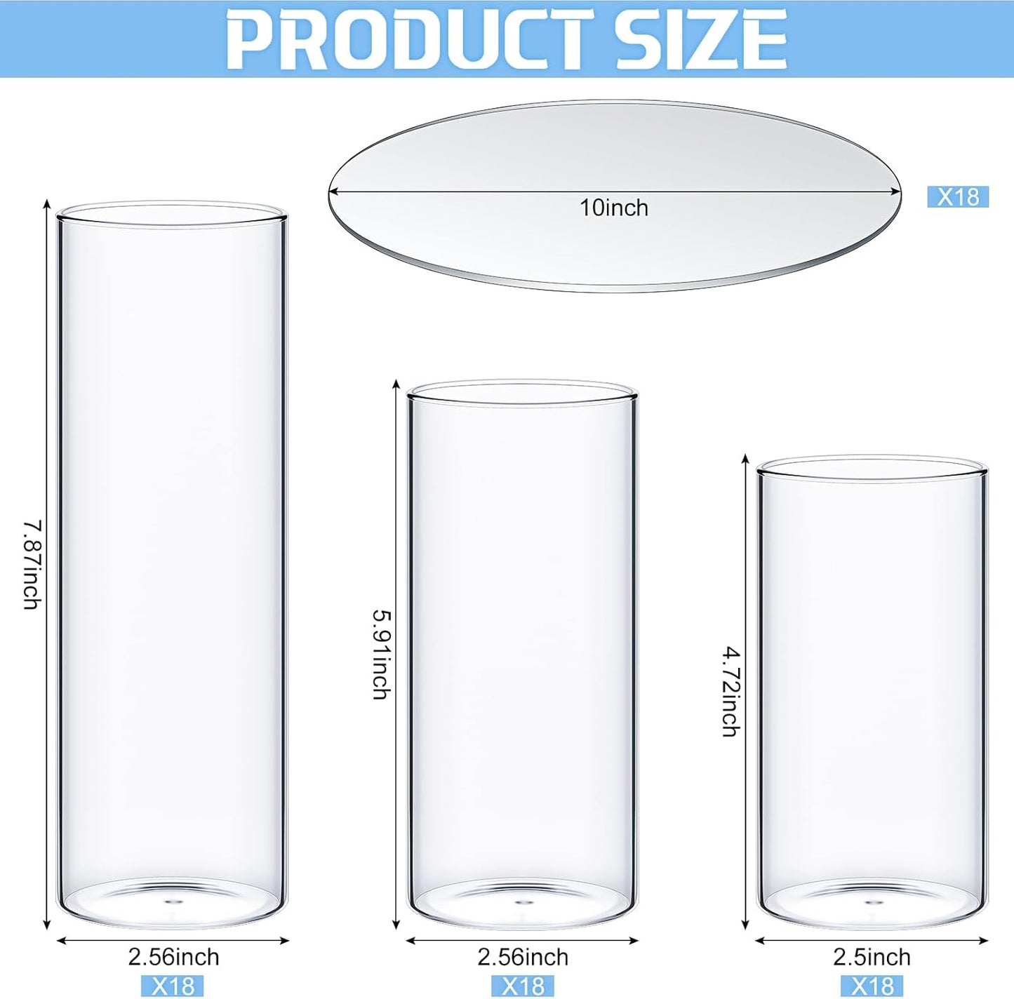 17 Pcs 10 Inch Round Glass Mirror Trays and 53 Pcs Different Height Glass Cylinder Vases Wedding Table Flower Vase with Mirror Set (was a set or 18