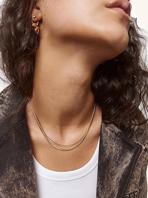 Hey Harper Gold Herringbone Necklace For Women Nassau Set - Waterproof Sweatproof Non Tarnish Jewelry - 14K PVD Layered Stainless Steel Necklace