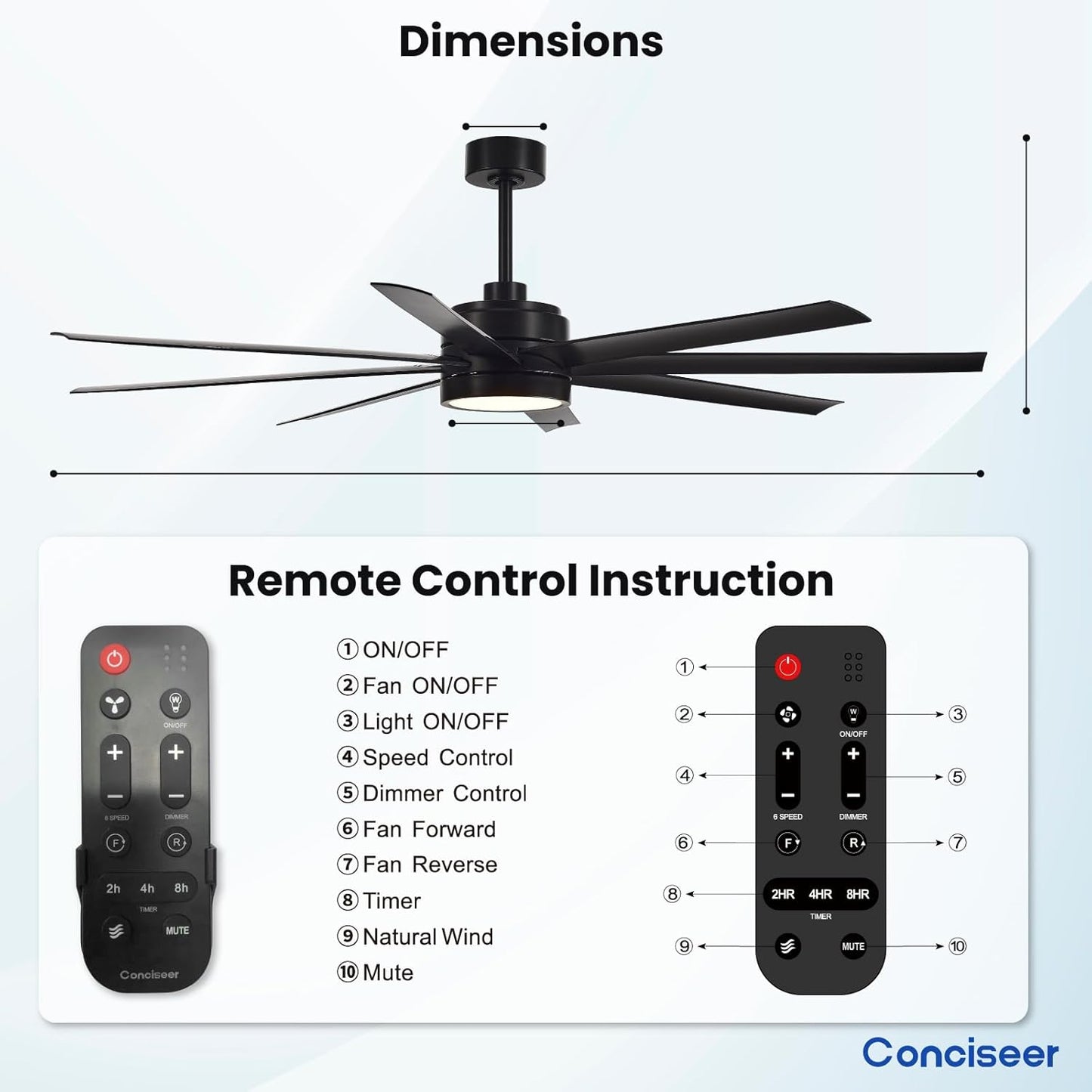 Conciseer Morden Ceiling Fans with Lights,65 Inch Ceiling Fans with Remote for Bedroom Living Room Kitchen, 8 Blades 6 Speed Reversible Quiet DC