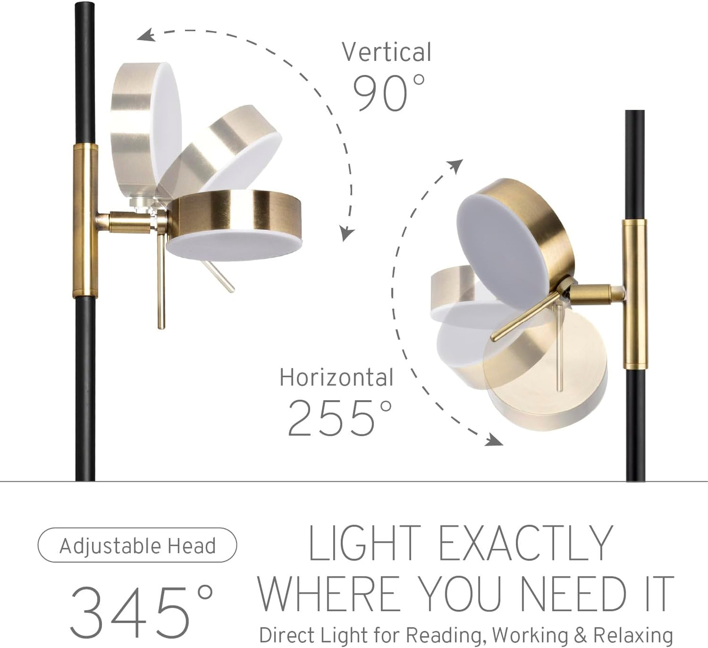 HarvestLand Black Brass Kindle Reading Lamp, Marble-Effect, Adjustable Head | 58'' Standing Reading Lamp, Marble-Look Base, 12W Warm LED Lamp, CRI≥80, LED lamp for Living Room, Bedroom, Office, Reading