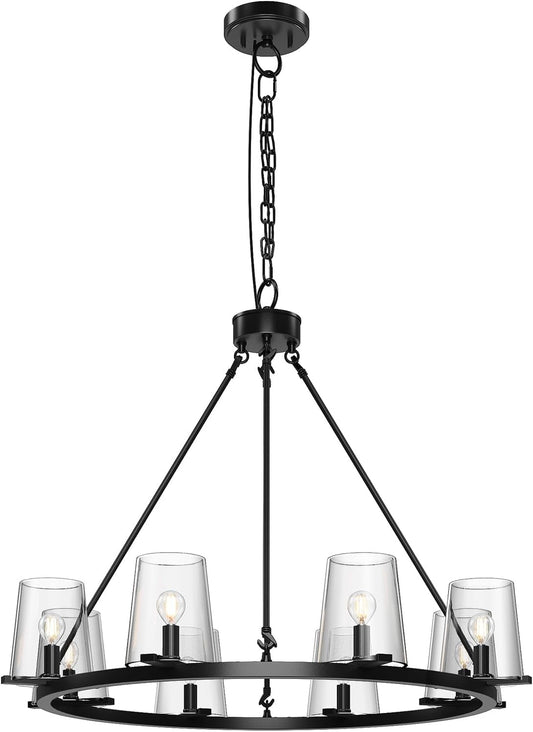 Amico Chandelier with Glass Shade for Dining Room 8-Lights 31' Farmhouse Island Mordern Wagon Wheel Industrial Pendant Light