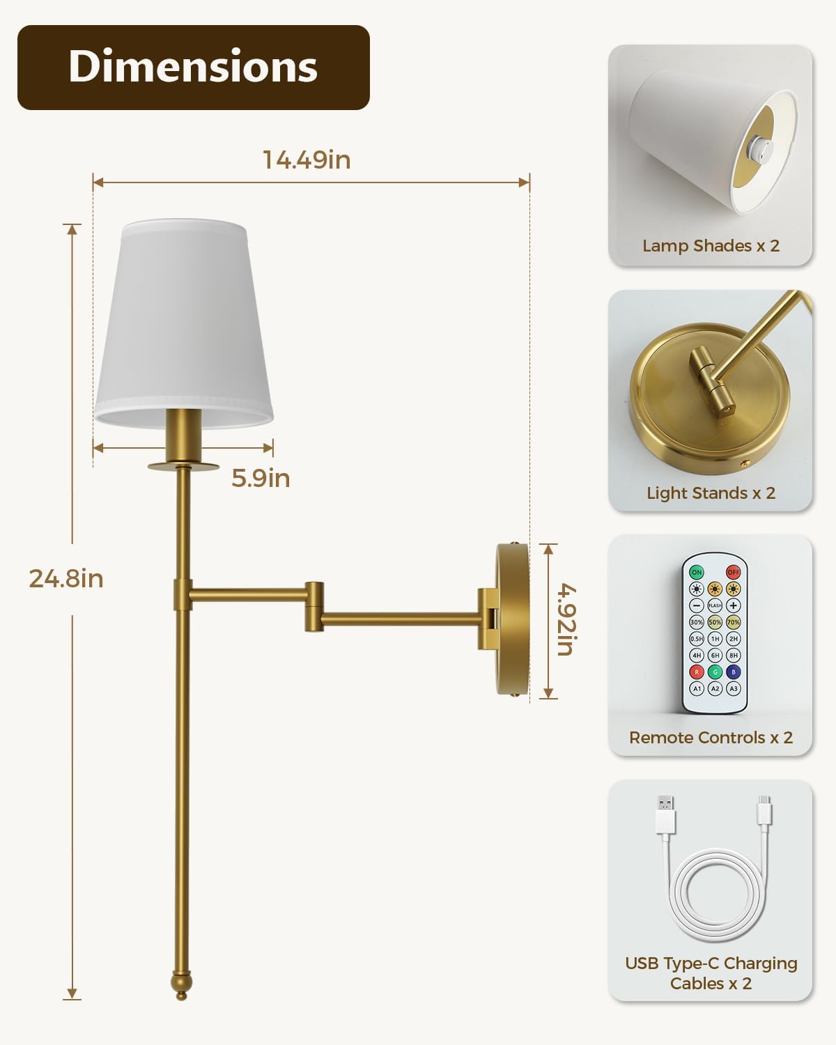 Battery Operated Wall Sconce Set of 2, RGB Color Changing Wall Lights with Remote, 9 Static Colors, Dimmable Wireless Swing Arm Wall Lamp, Adjustable Gold Wall Sconce for Bedroom Living Room Brass 24.8inch