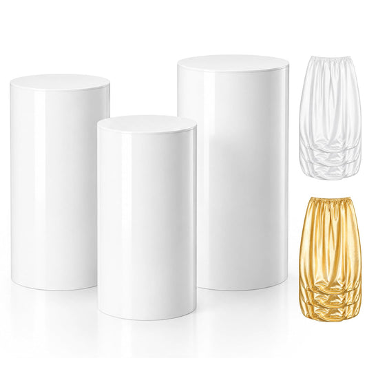 3 White PVC Cylinder Pedestal Stands with 6 Spandex Cloth Covers
