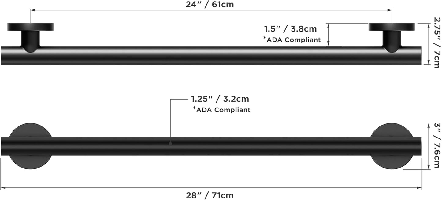 HEALTHCRAFT 24" Horizon Grab Bar, ADA Compliant Bathroom Safety Bar, Stainless Steel Shower Handle, 500 lb Support, Modern Bathroom Rail for Shower, Tub & Toilet Wall (1, Matte Black, 24 Inch) Matte Black 24 Inch 1